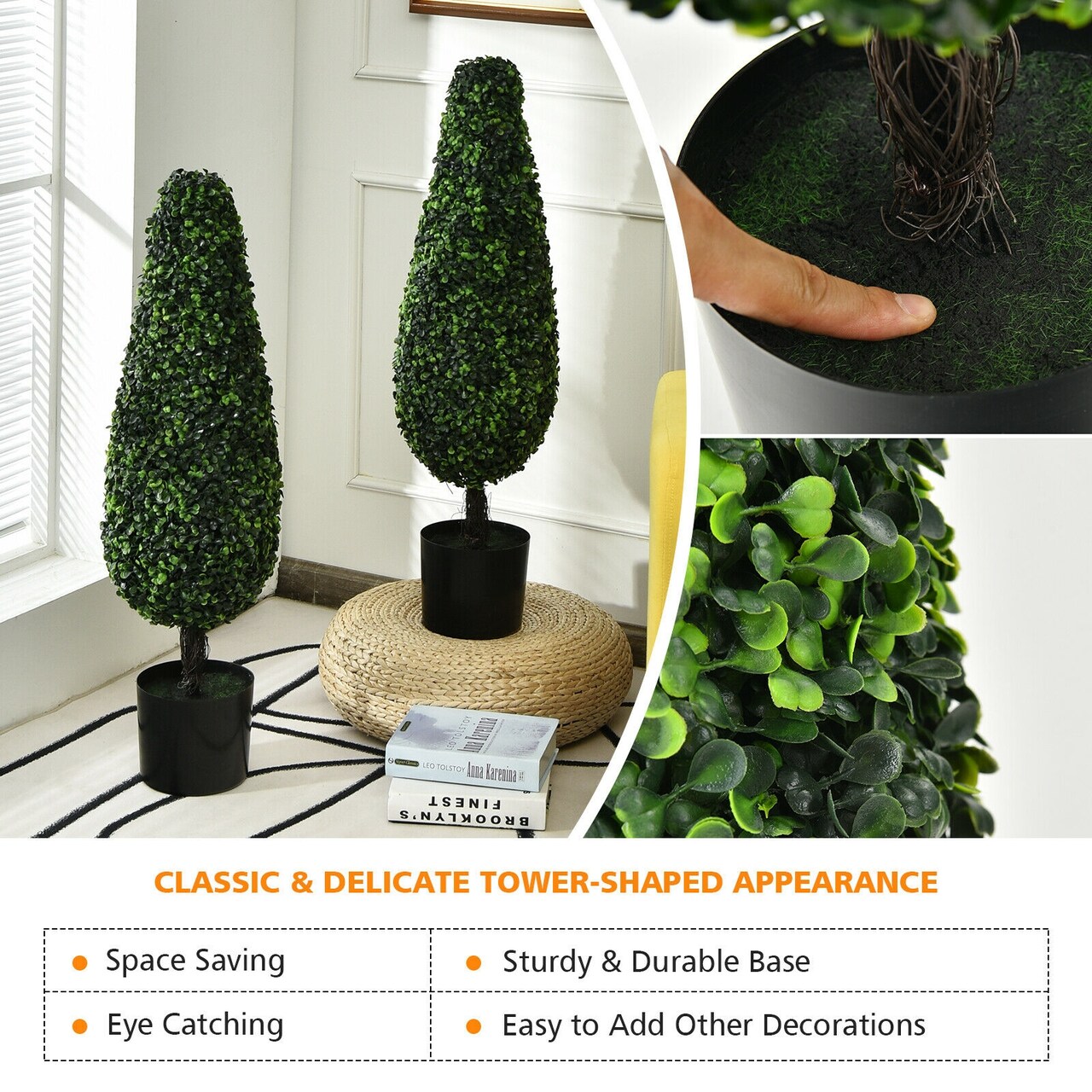 2 Pack 3 Feet Artificial Tower UV Resistant Indoor Outdoor Topiary